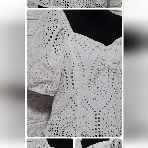 H&M Womens Lg White Floral Eye Lit  Short Sleeve Spring Summer Top - Picture 3 of 5